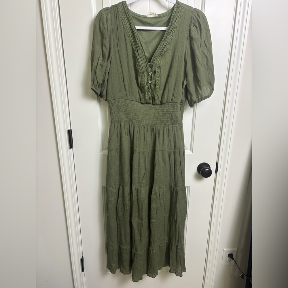 Smocked Waist Olive Maxi Dress with Puff Sleeves